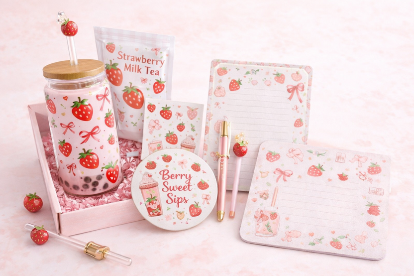 Strawberry themed bubble tea subscription box featuring a collectible boba cup with bamboo lid, instant strawberry milk tea, reusable straw 