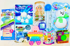 School box sensory toys, pin print, squish donuts, glow ball, stretch noodles, butter putty, sketch tablet, arctic friends box, fidgets