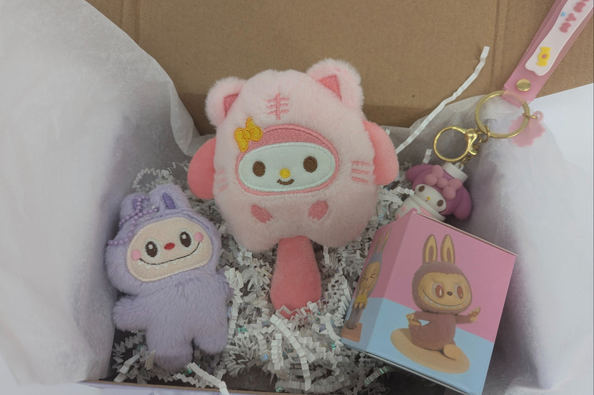 hello kitty, squishy, needoh, squeeze toy, mystery dumpling, jelly cat, labubu, slime, snoopy, curated box, scoop box