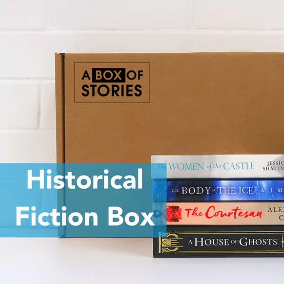 Brown subscription box filled with four historical fiction books, featuring rich narratives and captivating tales set in different eras.
