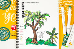 monthly sketchpad with daily drawing prompts with the theme grand adventure and drawing prompts that relate to locations and adventures.