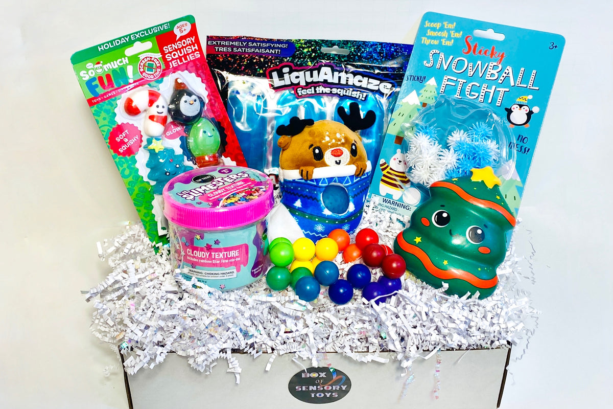 December Fidget Box
• Bubble pop or Liquamaze
• Snowball fight
• Holiday butter putty
• Bead squish
• Rainbow shapeable fidget
• Puff Sticke
