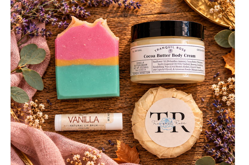 Colorful handmade rainbow soap with vanilla lip balm and coconut body butter from the Grace & Glow self-care box.