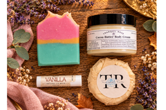 Colorful handmade rainbow soap with vanilla lip balm and coconut body butter from the Grace & Glow self-care box.
