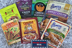 This picture shows several types of seasonings for tacos, seasoning for carnitas (pork), jalapeno gravy as well as sweet cream baking mix.