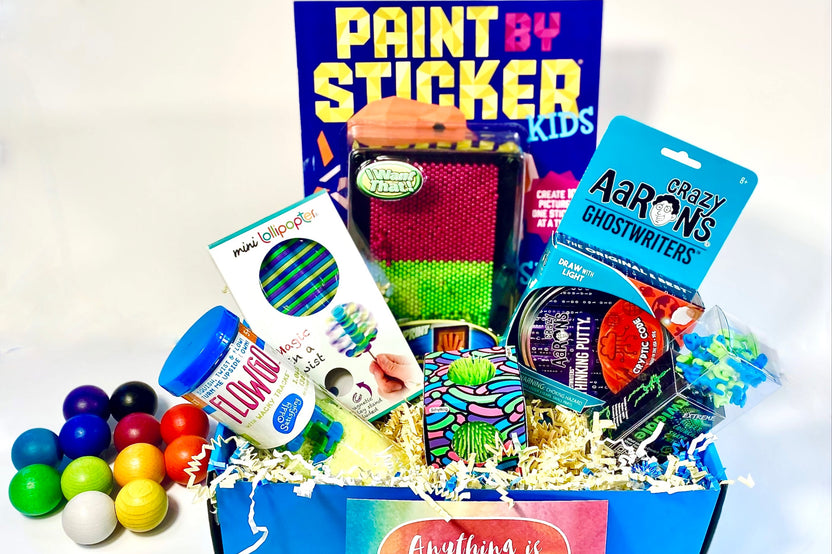 Paint by Sticker, Lollipopter, Crazy Aaron's Ghostwriters Thinking Putty, Fuzzy Ball Needoh, Twiddler, XL Pin Print, Flow Go