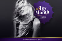 Sensual woman with flowing hair beside text: “Sex Toy of the Month – Girls” by Mystery Pleasure Box™. A monthly surprise for her.