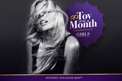 Sensual woman with flowing hair beside text: “Sex Toy of the Month – Girls” by Mystery Pleasure Box™. A monthly surprise for her.