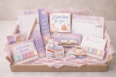 Curated pastel stationery gift box that includes the following:
3 bookmarks
3 vinyl stickers
An ink pen
Reading tracker
Notepad (10 sheets)