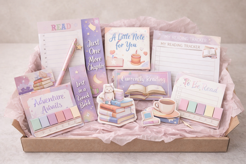 Curated pastel stationery gift box that includes the following:
3 bookmarks
3 vinyl stickers
An ink pen
Reading tracker
Notepad (10 sheets)