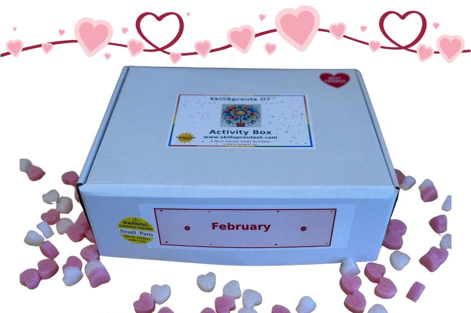 February Valentine's box with 20 OT activities, crafts, sensory materials, and fine motor tools for ages 4+