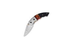 The Curved Damascus knife. Utilizes modern Damascus steel, a 7-1/2” overall length curved folding knife. 