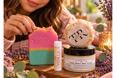 Girl enjoying handmade rainbow soap with vanilla lip balm and body butter from the Grace & Glow subscription box.