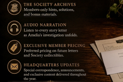 Interactive mystery letter experience with monthly snail mail, literary puzzles, immersive storytelling, and audio narration.