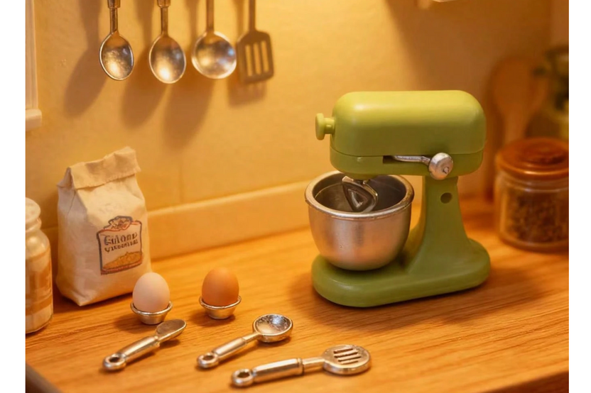 This is a photograph of a tiny miniature kitchen set.  There are eggs and flour and a green stand mixer. 