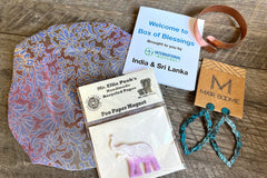 Box of Blessings featuring India & Sr Lanka: turquoise diamond hoop earrings, cooper cuff, sari bowl cover, Mr. Ellie Pooh manget