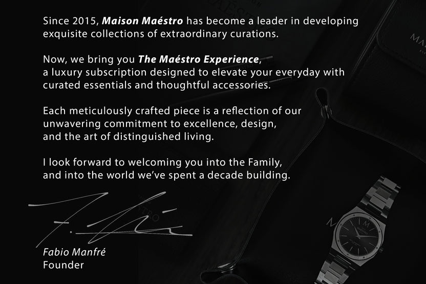 Monthly Maestro box with curated luxury essentials, gift card, and access to exclusive watch giveaways.