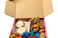 Assorted handmade organic bakery-style dog treats including decorated cookies and donuts