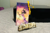 heavenly Bloom tarot deck, 4 inch yerba lavender and blue sage smudge stick and yellow jade bracelet 