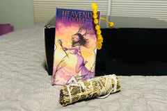heavenly Bloom tarot deck, 4 inch yerba lavender and blue sage smudge stick and yellow jade bracelet 