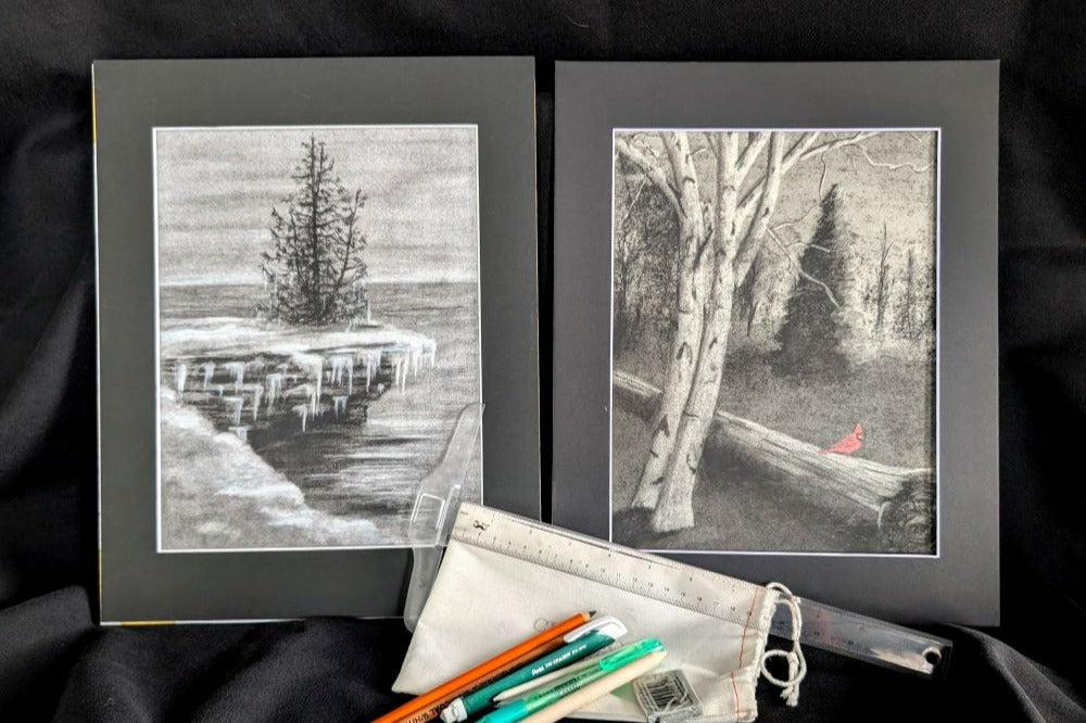 Our January 2026 Art Box, will include the drawings, Cave Point and Birch Bird.  Come and get dirty with us and create.