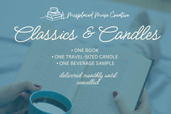 CLASSICS AND CANDLES DESCRIPTOR IMAGE SHOWS THAT EACH MONTH SUBSCRIBERS WILL RECEIVE ONE BOOKS, ONE TRAVEL CANDLE, AND ONE BEVERAGE SAMPLE.