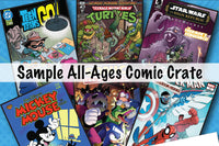 An assortment of All Ages comic books including Sonic, Teenage Mutant Ninja Turtles, and Star Wars on a blue background.