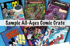 An assortment of All Ages comic books including Sonic, Teenage Mutant Ninja Turtles, and Star Wars on a blue background.