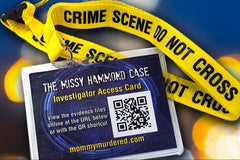A blue id badge on a colorful crime scene background of lights that are blue and red. The QR code on the id leads to mommymurdered.com