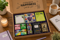 Happy Mail Stationery Club monster themed stationery subscription box featuring monster's notebook, stickers, memo pads, washi tape, pens