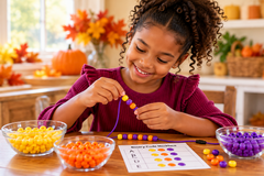 A child makes a binary coding necklace using different colored beads, while learning about a STEM concept
