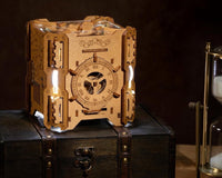 Close up photo of a wooden mystery puzzle box with led lights on it turned on. There is also a time infinity on the right.