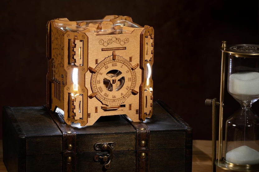 Close up photo of a wooden mystery puzzle box with led lights on it turned on. There is also a time infinity on the right.