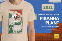 Shirt: Piranha Plant - Person in a cream t-shirt with a red and white piranha plant and green chrysanthemums design.
