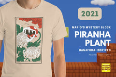 Shirt: Piranha Plant - Person in a cream t-shirt with a red and white piranha plant and green chrysanthemums design.