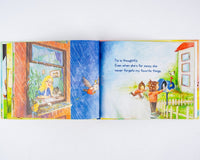 Inside spread of 'Tía Is...' with tender artwork that captures Tía’s thoughtful spirit and the gentle care she brings to every moment.