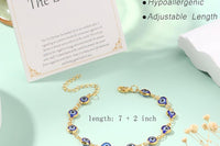 A single 14K gold plated evil eye bracelet beside 'The Evil Eye' gift card, displaying blue evil eye charms on a gold-tone chain.