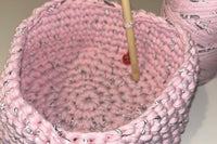 A close up of the basket you can make with the T-shirt yarn and bamboo hook. The stitch marker is inside too.