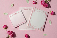 custom name pink notepads of various sizes designed by my paper box Handmade personalized stationery created in small batches in Austin Texa