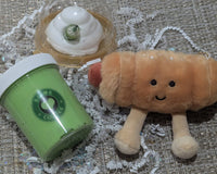 green matcha tea fluffy clay slime withh whip cream and starbucks charm matcha scented. Luxury plush key chain plush