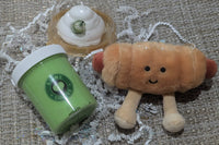 green matcha tea fluffy clay slime withh whip cream and starbucks charm matcha scented. Luxury plush key chain plush