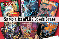 Assorted TeenPLUS comic books including Wonder Woman, Superman, Black Panther, and X-Men on a red background.