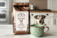 Box includes: 
one full-size  12oz bag of coffee , 
a themed lagniappe gift for the human 
and a sample treat for your furry friend