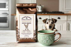 Box includes: 
one full-size  12oz bag of coffee , 
a themed lagniappe gift for the human 
and a sample treat for your furry friend
