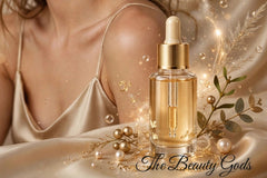 this photo is shown in a gold themed background with a person without a face sitting in a gold shirt sitting next to a gold skincare serum 