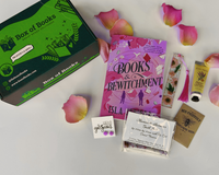 Books & More Box with 1 book- a newly released trade paperback. Extras are themed with flowers- earrings, lotion, bath salt, bookmark, seeds