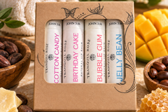 Tranquil Rose handcrafted lip balm collection featuring cotton candy, birthday cake, bubble gum and other fun seasonal flavors.