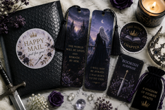 Dark romantasy bookmark subscription featuring two elegant fantasy bookmarks, matching sticker, royal package, sword details, and a magical 