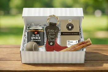 Box includes;
One full size bag dog treats,
One Chew Toy
One Plush/Rope
One Ball Toy
One themed gift for the human 