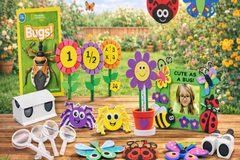 Branded image of the Little Dreamers Club Backyard Explorer Craft Box and select crafts included in the box for ages 3-5.